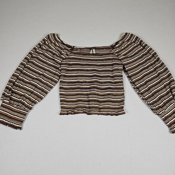 Anthropologie Square Neck Smocked Puff Sleeve Striped Top XS Ruffle 70s 80s Crop - Picture 7 of 14